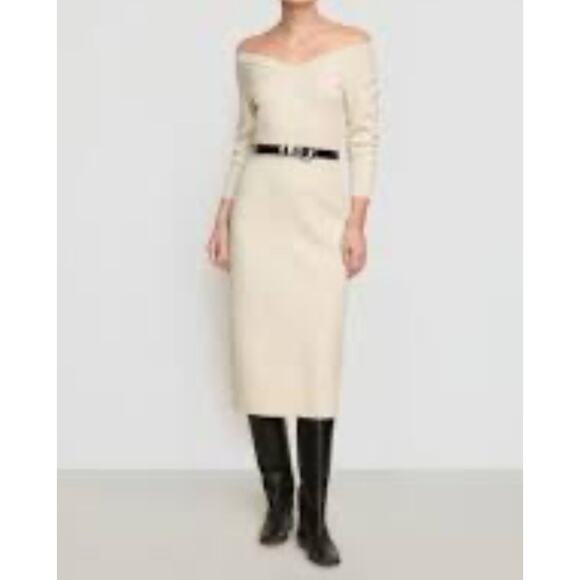 Modern Citizen Off Shoulder V Neck Sweater Knit Midi Dress Beige Sz S NWOT $169 - Picture 1 of 14
